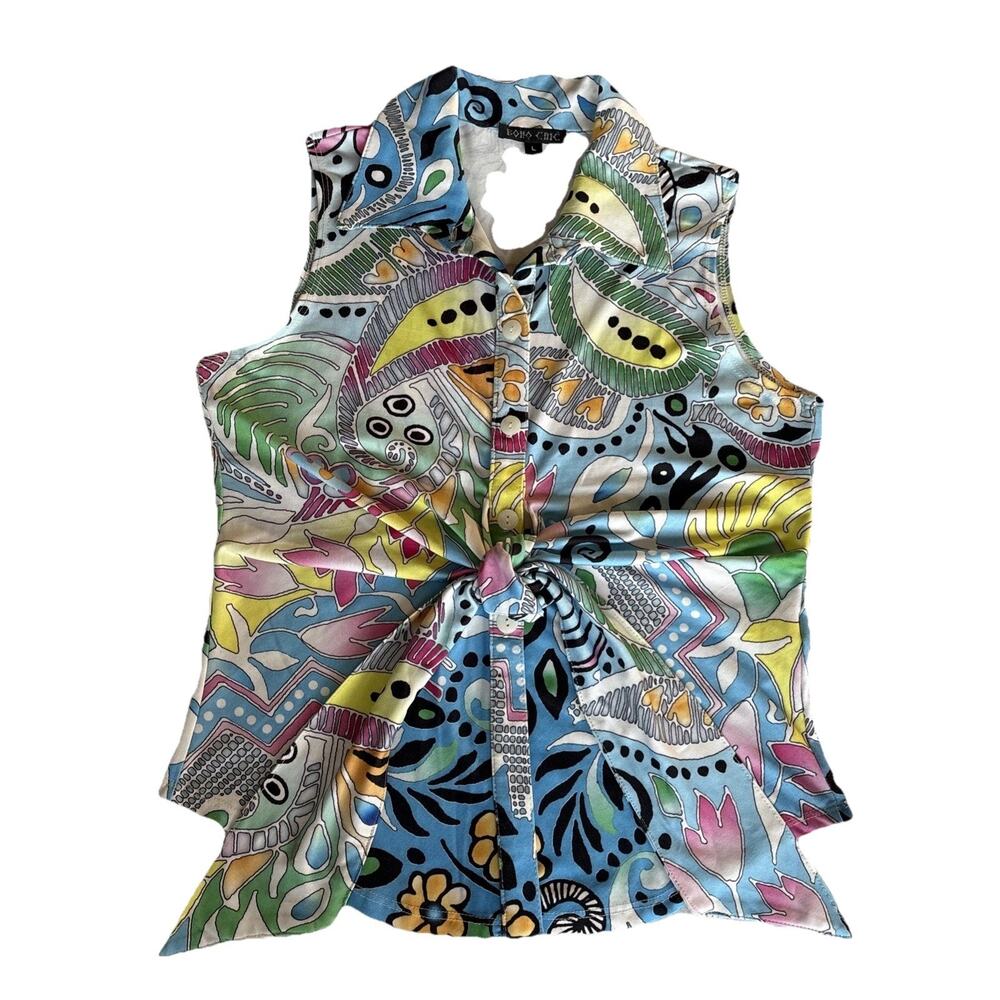 Wm’s Sleeveless Bold Colorful Abstract Print tie Front Top Vintage Y2K Boho Chic